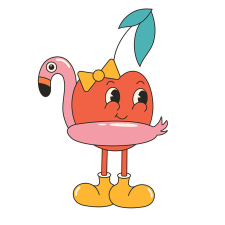Cute cherry with flamingo swimming ring. Y2k groovy retro cartoon character sticker in trendy retro style, comic mascot character.のイラスト素材