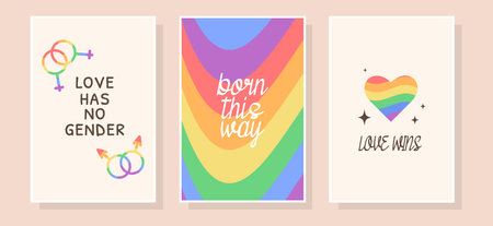 Card collection with LGBTQ community symbols and pride month slogans and phrases. Happy pride celebrationのイラスト素材