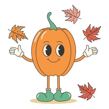 Retro groovy cute pumpkin character with autumn colorful maple leaves. Retro mascot sticker. Autumn fall garden concept.のイラスト素材
