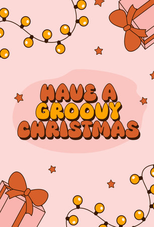 Groovy 70s Christmas card. Trendy retro cartoon style. Festive greeting card, print, invitation, poster, banner, background.のイラスト素材