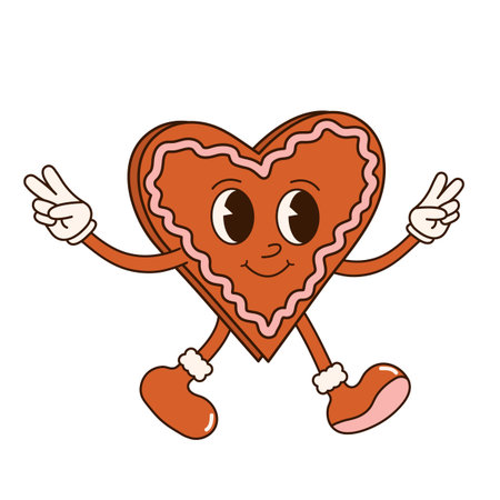 Groovy 70s Christmas sticker. Cartoon character in trendy retro style, comic mascot. Cute heart shaped gingerbread cookieのイラスト素材