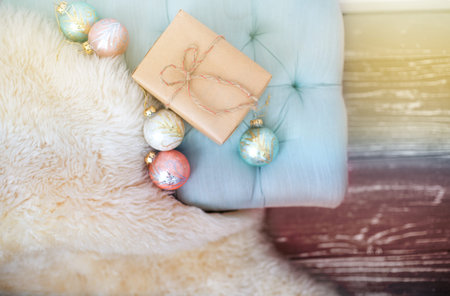 Wrapped into recycled paper gift for New Year's and Christmas の写真素材