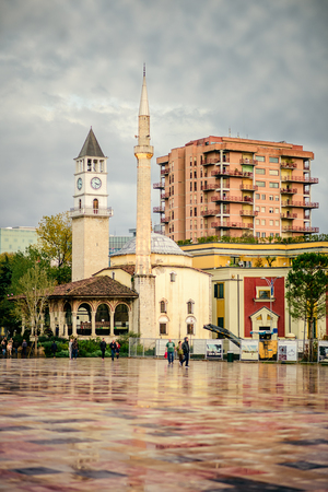 Tirana, Albania. November 12, 2017: Newly reconstructed city central Skanderbeg square, citizens walking at pedestrian zone.のeditorial素材