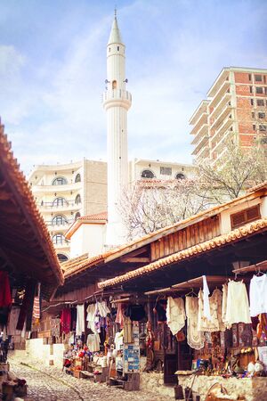 KRUJE, ALBANIA - March 2017: Traditional Ottoman market in Kruje, Albania. Flea market in Albania.  Antique items and souvenirs for sale.のeditorial素材