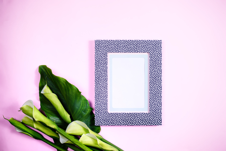 Modern blank frame top view calla flowersの写真素材