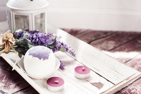 Bath bombs with lavender flowers handmadeの写真素材