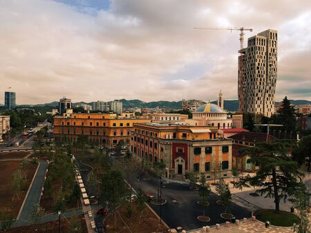 Tirana, Albania. May 2018: Panoramic view of newly renocated Skanderbeg square capital city center.のeditorial素材