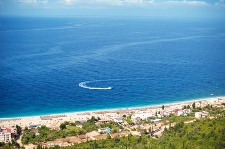 Aerial view of the famous beach of Dhermi in the Ionian Sea in Albaniaの写真素材
