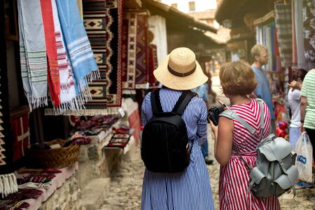 Kruje, Albania - June 2018: Tourists at traditional Ottoman market in Kruja.のeditorial素材