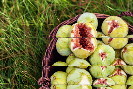 Fresh green figs with green leaves in a wicker basketの写真素材