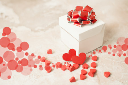 gift box with a red heart on a white old wooden table. Valentine day.