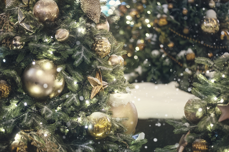 Christmas tree background golden toyの写真素材