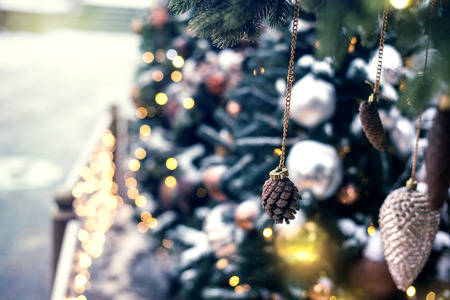 Christmas tree background golden toyの写真素材