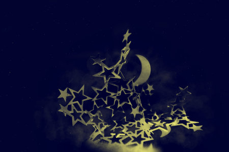Silver half-moon and stars on dark background.