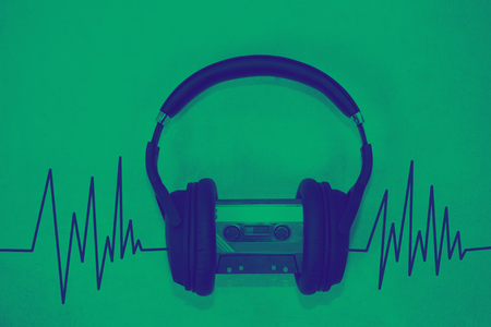 Creative sketching of headphones with sound wave music concept duotoneの写真素材