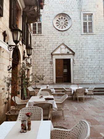 Cozy restaurant outdoors old town Kotor streetのeditorial素材