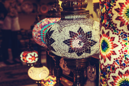 A bunch of turkish lamps at one of many Kemer gift shops. Antalya, Turkey.