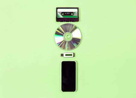 Evolution of technology concept tape, disk, usb and smartphone