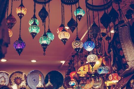 A bunch of turkish lamps at one of many Kemer gift shops. Antalya, Turkey.のeditorial素材