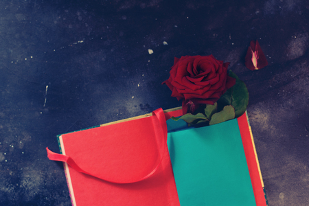 Vintage book and rose on blackboard backgroundの写真素材