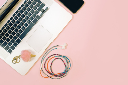 Mobile phone with headphones. Flat lay backgroundの写真素材