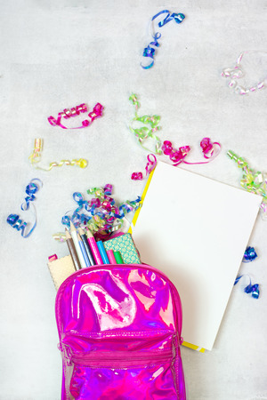 Back to school concept. Backpack with school supplies. Top view. Copy spaceの写真素材