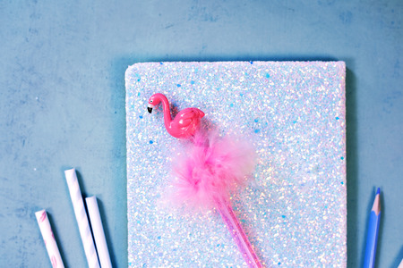 school supplies, stationery accessories flat lay top viewの写真素材