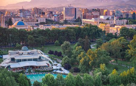 Areal view of Tirana city center at sunset.のeditorial素材