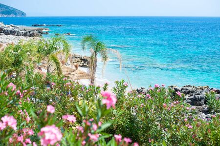 Rocky beach and crystal turquoise water of Ionian Sea in Albania. Calm and relaxing viewの写真素材