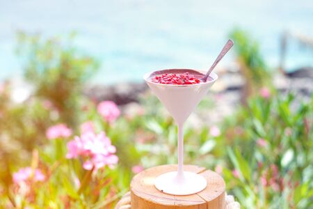 Strawberry desert with chocolate cream in glass.の写真素材
