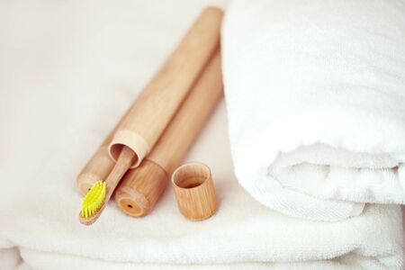 Bamboo toothbrushes on a shelf in the bathroom. Zero waste, eco, save planetの写真素材