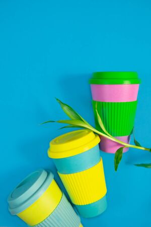 Zero waste concept. Stylish reusable eco coffee cup Natural bamboo cupの写真素材