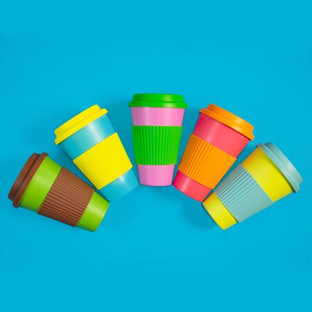Zero waste concept. Stylish reusable eco coffee cup Natural bamboo cupの写真素材