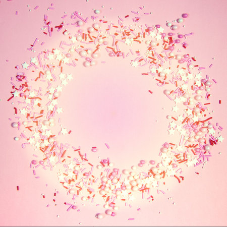 Colorful sprinkles on a pink background, top view with copy space