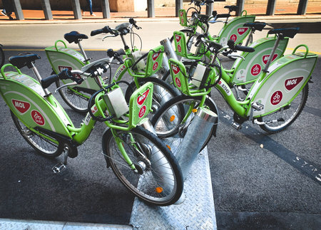 Rental and parking of bicycles in the city of Budapest in Hungary.