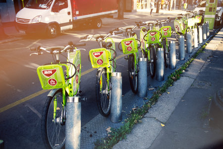 Rental and parking of bicycles in the city of Budapest in Hungary.