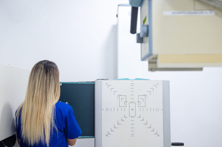 X-ray room in a hospital ER operating room with a classic ceiling-mounted x-ray system.の写真素材