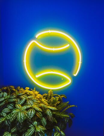 Tennis layout with neon light of tennis ball close up. Sport conceptの写真素材