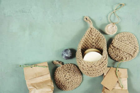 Eco-friendly cleaning kit. Organic soap and jute washcloth. Zero waste concept, plastic-free,...