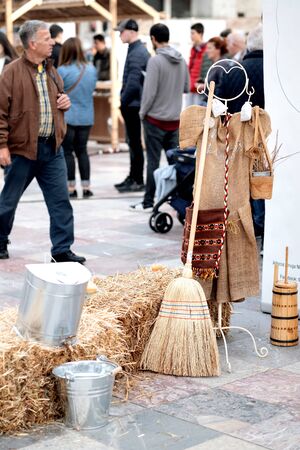 Traditional market in Tirana, Albania. National Albanian costume as souvenir for sale.のeditorial素材