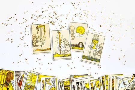 Deck of Tarot cards on a table. Learning about Acesのeditorial素材