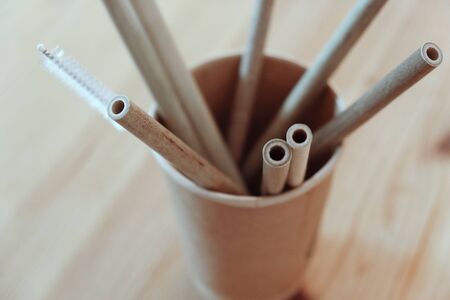 ecological bamboo straw for drinking water say no to plastic zero waste conceptの写真素材