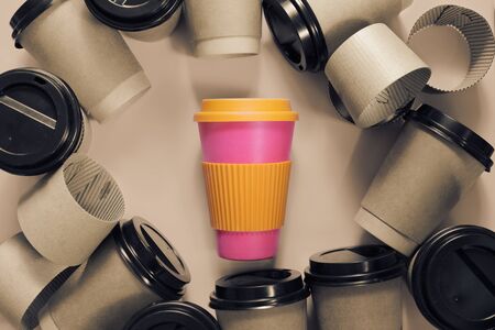 Zero waste concept Stylish reusable eco coffee cup vs multiple single use cardboard cups. Ban single use plastic.の写真素材
