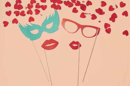 Top view Valentines day with funny photo booths props homosexual love conceptの写真素材