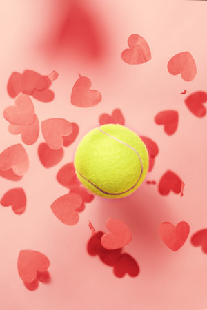 tennis love layout tennis ball flying hearts confetti. Valentine's day concept with tennis play. Vertical formattingの写真素材