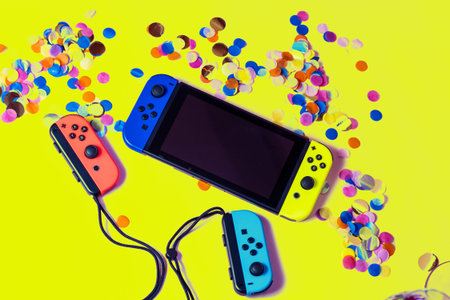 Nintendo Switch video game console party flat lay