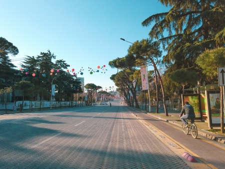 empty boulevard in Tirana, Albania due to coronavirus pandemic outbreakのeditorial素材