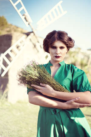 Retro woman portrait vintage styled old fashioned makeupの写真素材