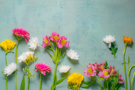 Floral arrangement top view on grunge backgroundの写真素材