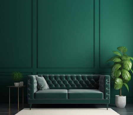 Generative ai living room interior dark greenの素材